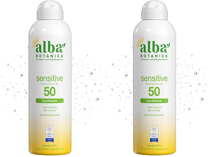 Alba Botanica Sensitive Sunscreen Spray for Face and Body, Fragrance-Free, Broad Spectrum SPF 50, Water Resistant, 5 fl. oz. Bottle (Pack of 2)