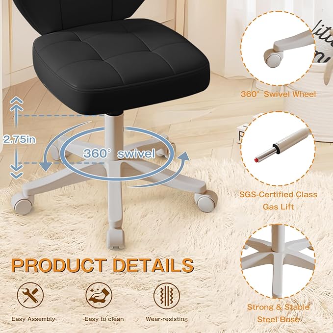 Vanity Chair with Back – Small Armless Office Chair with Wheels, Lumbar Support, PU Leather, Adjustable Height, 360° Swivel for Home, Bedroom, Office Black Set of 2