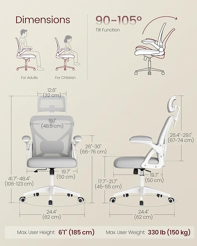 VASAGLE Ergonomic Mesh Office Chair with Adjustable Lumbar Support and Headrest, 90-105° Tilt Function, Wide Seat, Flip‑Up Armrests, Computer Desk Chair for Home Office, Dove Gray UOBN044GD01S