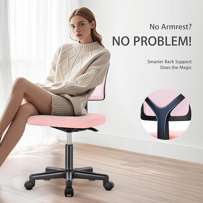 NEWBULIG Home Office Desk Chair, Armless Ergonomic Swivel Computer Chair with Wheels, Adjustable Height and Low-Back Mesh, Rolling Chair with Lumbar Support and Soft Seat for Small Spaces, Pink