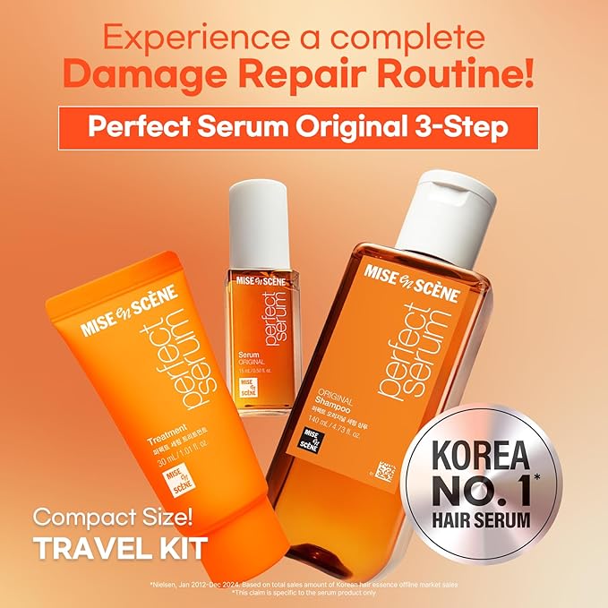 Mise En Scene Perfect Original Serum Hair Care Set | Travel Size Hair Products for Frizzy and Dry | Mini Hair Oil for Heat Protection | Damage Repair Shampoo & Treatment | Gift set for women (3 Count)