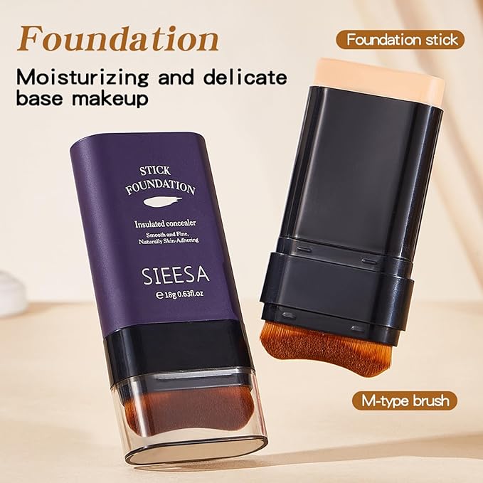 Korean Dual Ended Foundation Stick with Brush, 2 in 1 Concealer Foundation Stick & Contour Makeup, Hydrating Formula - Lightweight, Waterproof, Covers Blemishes (Natural)