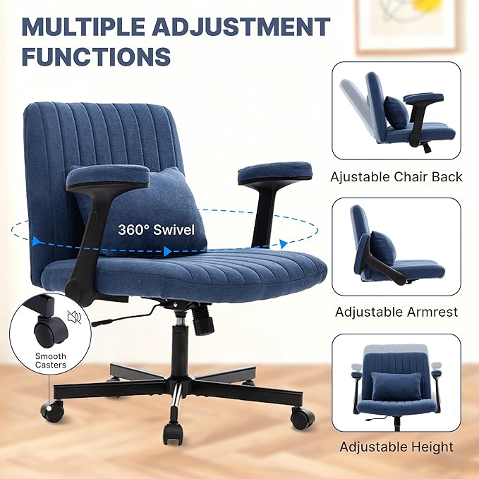 Ergonomic Cross Legged Chair with Wheels,360° Swivel Meditation Chair,ADHD Chair, Criss Cross Desk Chair with Lumbar Support and Adjustable Stool, (Wide seat Cushion, Blue)