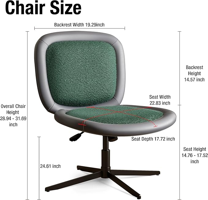 Nordic Armless Ergonomic Office Chair with Wheels, Diamond Tufted PU Leather Computer Chair, Adjustable Height Desk Chair with Solid Wood Back for Small Home Office (No Wheels-Green)