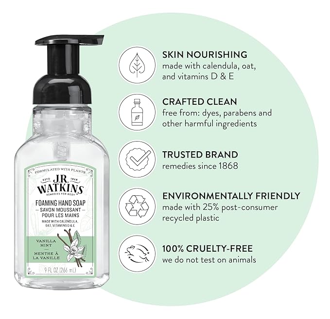 J.R. Watkins Foaming Hand Soap Pump with Dispenser, Moisturizing Hand Soap Foam, Alcohol-Free and Cruelty-Free, Use for Kitchen or Bathroom, Menthe a la Vanille/Vanilla Mint, 9 fl oz, 3 Pack