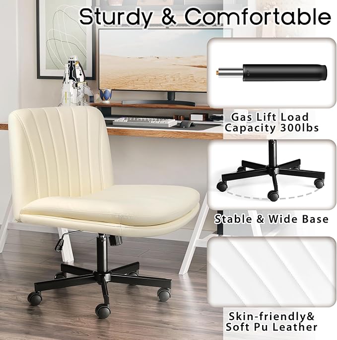 PUKAMI Criss Cross Chair,Comfy Cross Legged Office Desk Chair No Wheels,Modern Fabric Swivel Adjustable Height Mid Back Wide Seat for Home Office Computer (Pu Beige with Wheels)