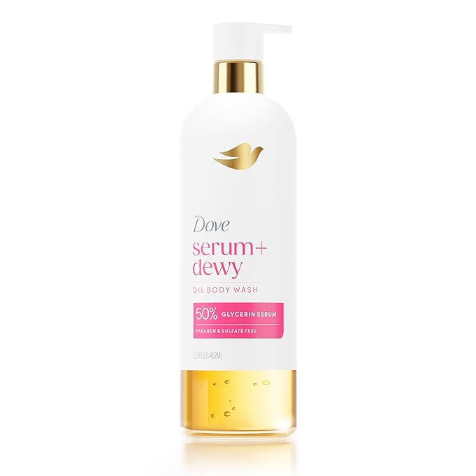 Dove Serum+ Shower Oil Body Wash with Coconut & Geranium Oil, Dewy Hydrating Cleanser for Soft Skin, 15.3 fl oz