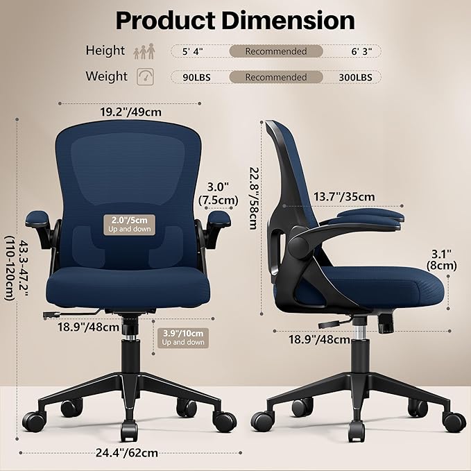 Office Chair Ergonomic Desk Chair, Adjustable Lumbar Support Rolling Swivel Comfy Chair with Space-Saving Flip Up Armrests, Mesh Gaming Chair for Business Work Office & Home,Blue 8pcs