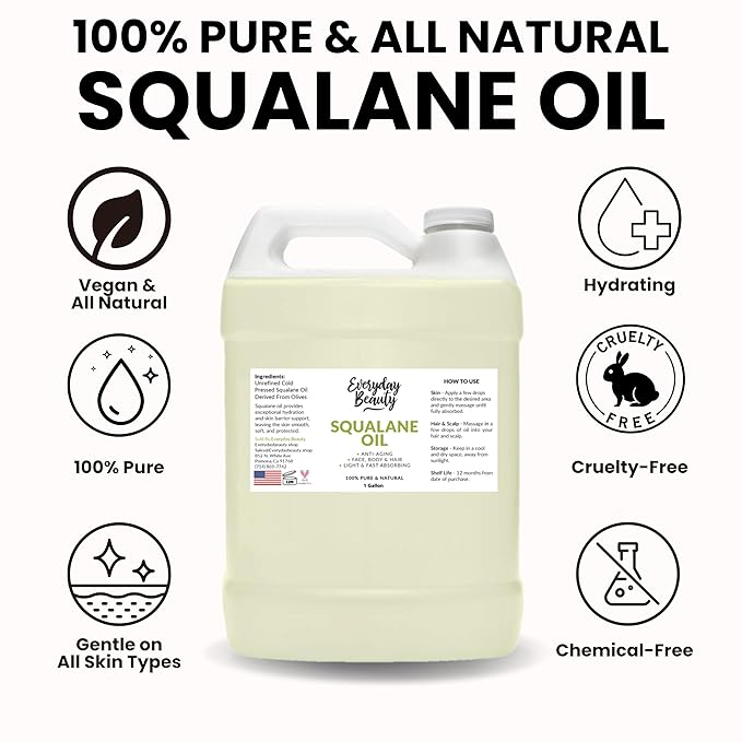 Squalane Oil Bulk - 1 Gallon 100% Pure & Natural Plant Derived Facial Oil - Cold Pressed and Unrefined Premium Grade Multipurpose Moisturizing Oil For Skin and Hair