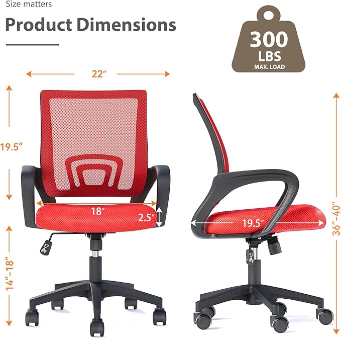 Home Office Chairs, Ergonomic Mid-Back Mesh Desk Chairs with Lumbar Support, Adjustable Swivel Rolling Design, Comfy Armrest for Work, Study, Gaming, Vanity, Red, 2 Pack