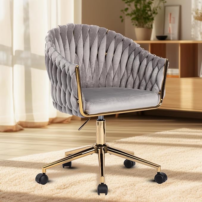 Velvet Office Chair with Hand Woven Back, Vanity Desk Chairs with Golden Wheels, Swivel Home Office Desk Chair, Accent Makeup Desk Chair for Bedroom, Living Room(Grey)