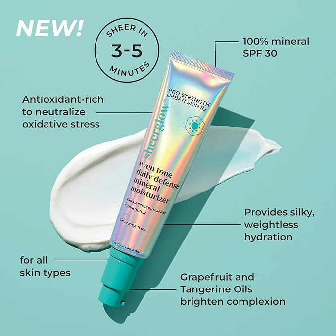 Urban Skin Rx® Pro Strength Sheerglow Even Tone Daily Defense Mineral Moisturizer & Broad-Spectrum Sunscreen SPF 30, Weightless Hydration, Brightens Complexion, Prevents Signs of Aging, 2.25 FL Oz