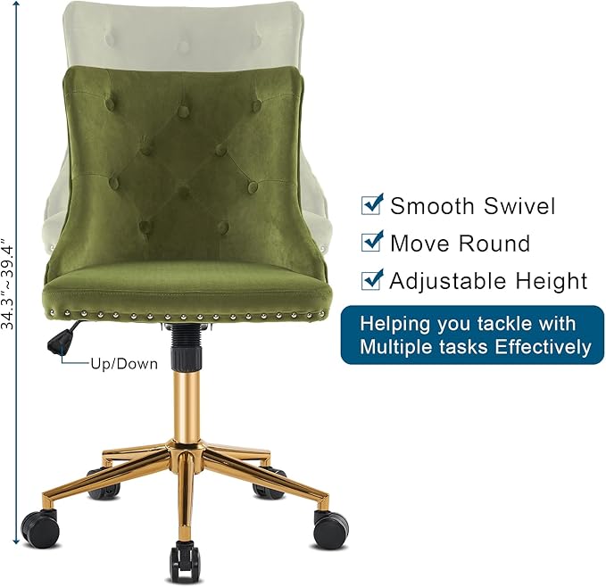 VINGLI Olive Green Velvet Armless Office Desk Chair with Gold Base/Wheels, Small Cute Vanity/Makeup Chair with Back for Bedroom, Upholstered Adjustable Rolling Swivel Nail Chair for Women/Girls