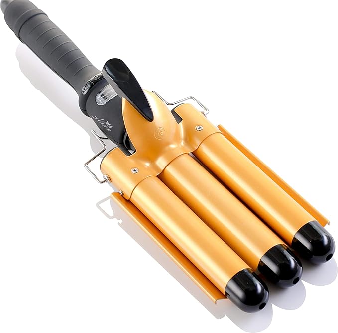 Alure Three Barrel Curling Iron Wand with LCD Temperature Display - 1 Inch Ceramic Tourmaline Triple Barrels, Dual Voltage Crimping Tool, Best Hair Waver for Beachy/Frizz Free Waves (zGold)