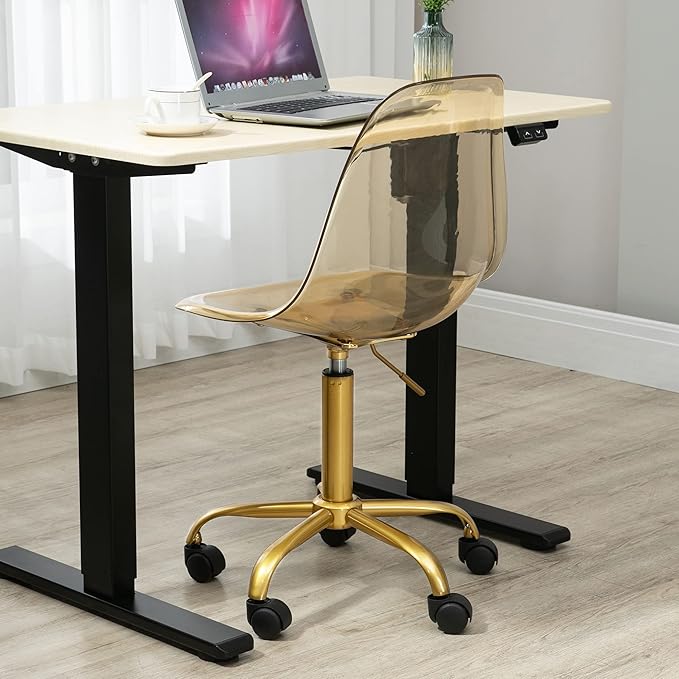 HOMEFUN Clear Rolling Chair, Armless Acrylic Desk Chair with Golden Feet Swivel Molded Plastic Shell Adjustable Home Office with Wheels