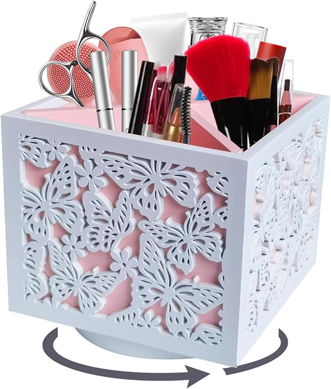 360 Rotating Makeup Brush Holder with Butterfly Cutout, Pink Makeup Brush Organizer for Vanity - 4 Compartment Spinning Wooden Desk Organizer for Pens, Lipsticks, Eyebrow Pencils