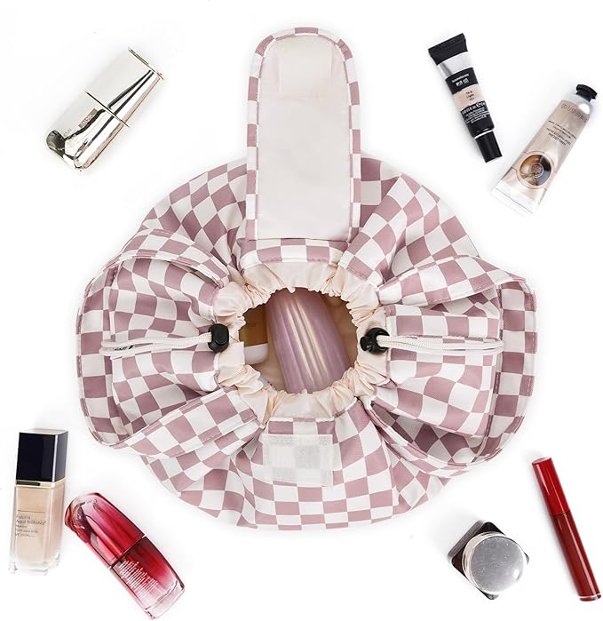 Narwey Barrel Drawstring Checkered Makeup Bag Large Cosmetic Bag Make up Bags Toiletry Bag Travel Bags for Toiletries Organizer for Women Gift for Teen Girls (Dusty Pink Checkerboard) (Patent)