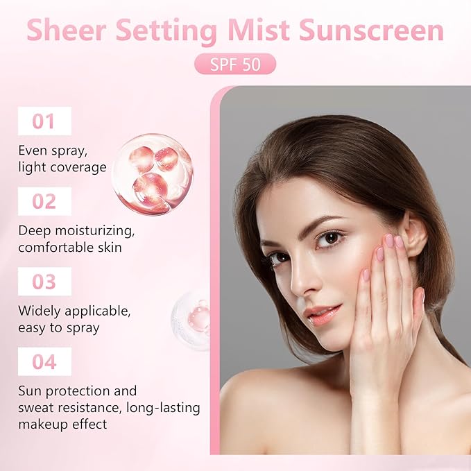 2Pcs Sunglaze Sheer Setting Mist Sunscreen SPF 50, Broad Spectrum Shimmering Face & Body Oil Mist, Hydrating Makeup-Friendly Glow Spray, Non-Greasy & Fast-Absorbing for Face & Body