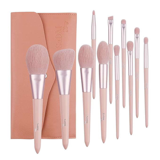 Makeup Brush Set (11 Pieces) - Includes Foundation, Powder, Concealers, Highlighter, Contour, Eye Shadows & Blush Makeup Brushes - Face & Eye Make Up Brushes with Soft Bristles - Leather Bag Included