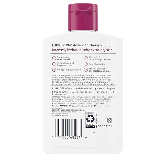 Lubriderm Advanced Therapy Fragrance-Free Moisturizing Hand & Body Lotion + Pro-Ceramide,Intense Hydration for Itchy,Extra Dry,& Sensitive Skin,Non-Greasy,Hypoallergenic,6 fl. oz,(Pack of 2)