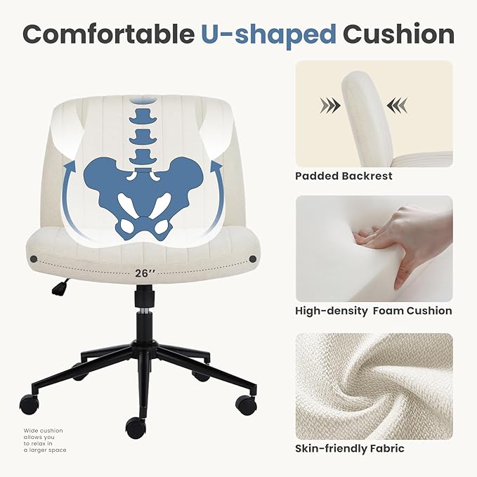 DUMOS Criss Cross Chair with Wheels, Legged Office Armless Wide Desk Seat Dual-Purpose Base, Adjustable Swivel Fabric Task Vanity Home Office Desk Seating