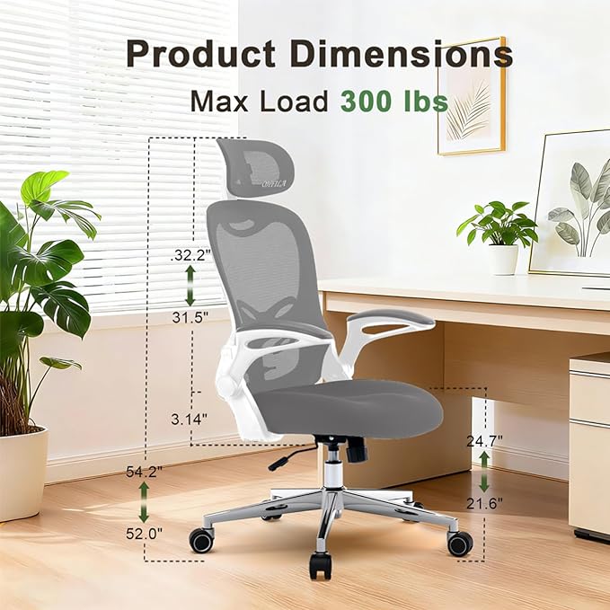Office Chair, Ergonomic Breathable Mesh Chair,Flip-Up Arms and Adjustable High Back Lumbar Support,Comfy Computer Chair for Home Office (Grey, 407)