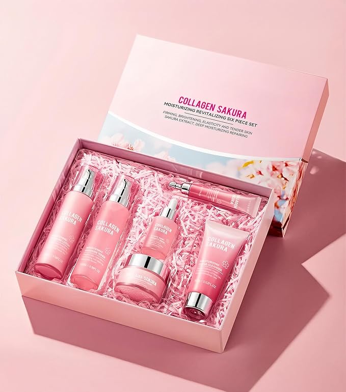Cherry Blossom Skincare Gift Set with Cleanser, Collagen Sakura Moisturizing Revitalizing Six Piece Set, Toner, Lotion, Serum, Cream & Eye Cream for Teens Girls & Women