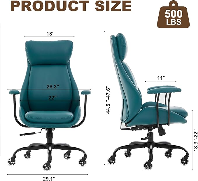Office Chair, Leather Desk Chair with Rubber Wheels, Ergonomic Computer Chair 500 LBS with Lumbar Support, High Back Executive Chair for Modern Home Office, Green