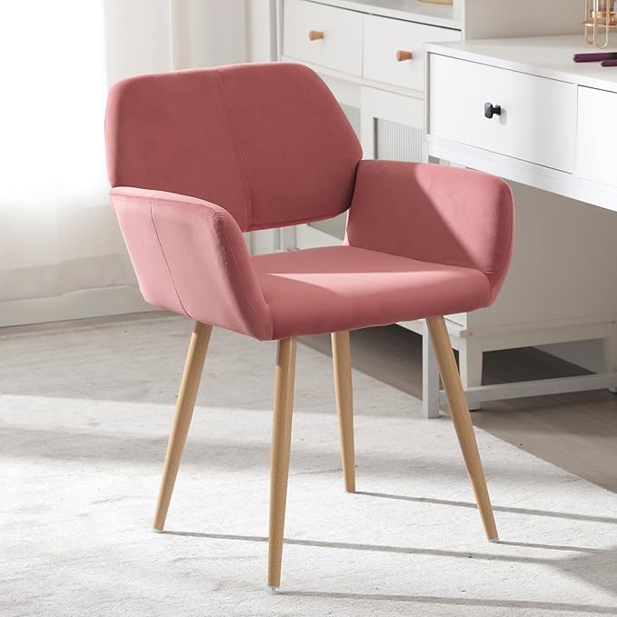 Home Office Velvet Desk Chair, Makeup Vanity Chair, Comfy Accent Armchair with Wood Grain Metal Legs, Cute Dining with Hollowed Back, Rose