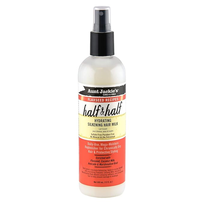 Aunt Jackie's Flaxseed Recipes Half & Half, Hydrating Silkening Hair Milk, For Daily Use, Enriched with Flaxseed, Coconet, Jojoba Oil, Shea Butter, Grapeseed and Ginseng, 12 Ounce Spray Bottle