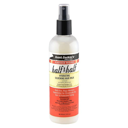 Aunt Jackie's Flaxseed Recipes Half & Half, Hydrating Silkening Hair Milk, For Daily Use, Enriched with Flaxseed, Coconet, Jojoba Oil, Shea Butter, Grapeseed and Ginseng, 12 Ounce Spray Bottle