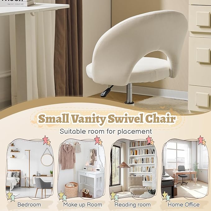 VINGLI Small Vanity Chair with Wheels for Girls.Cute Modern Adjustable Height Armless Office Desk Chair.360°Swivel Comfy Rolling Chair for Study, Make up Room,Small Space,Linen White