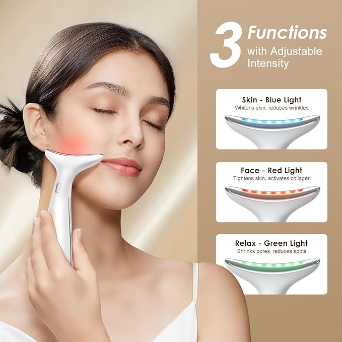 3-in-1 Facial, Neck, and Eye Massager - Advanced Anti-Aging Tool with Heating, Vibration, and LED Therapy for Wrinkle Reduction and Skin Rejuvenation, Pink