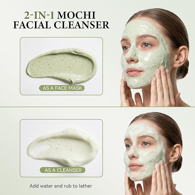 Rice Mochi Face Cleanser, All in One for Face Wash & Mask, Deep Cleansing Moisturizing, Blackhead Remover, Sebum Control, with Rice Water, Green Tea & Walnut Shell Powder, 4.23 OZ