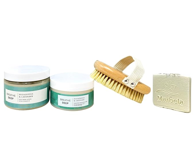 Bath & Body Works Aroma Breathe Deep Eucalyptus Lavender 3 Piece Gift Set - Body Scrub, Body Butter and a Dry Brush - with a Natural Oats Sample Soap