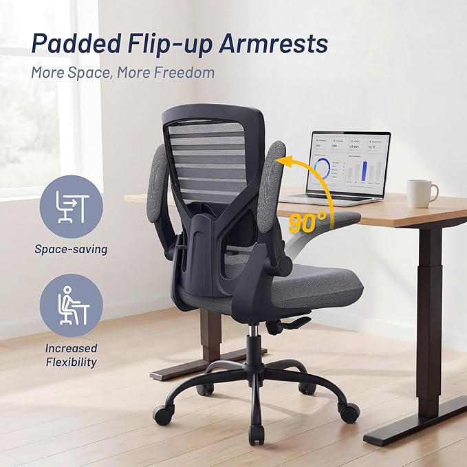 Office Desk Chair for Long Hours & Lower Back Pain Relief – 4“ Thick Molded Foam Cushion, Enhanced Lumbar Support, Padded Flip-up Armrests, Ideal for Office or Study, Dark Gray