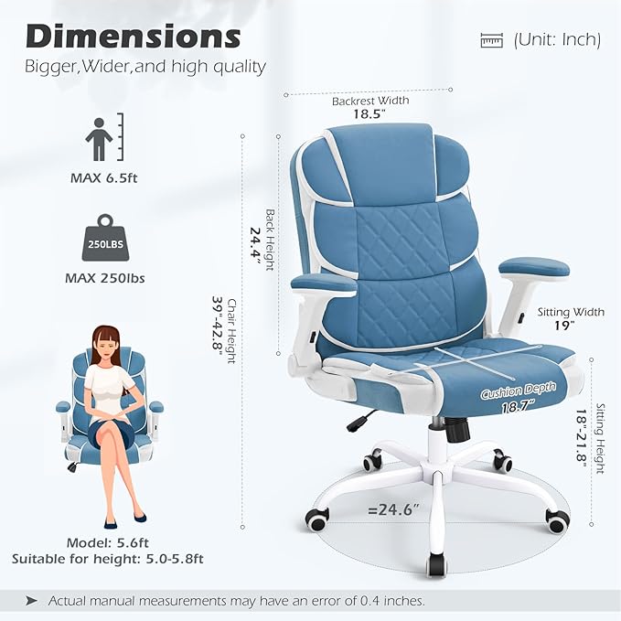 SEATZONE Blue Office Chair Leather Ergonomic Executive Computer Desk Chairs Small Cute Rolling Task Chairs for Teens&Adults
