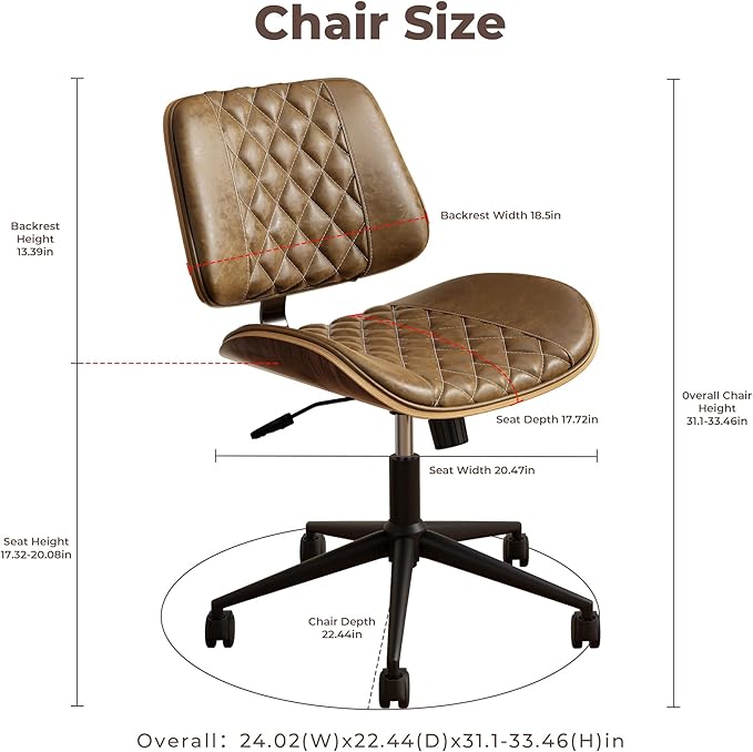 Home Office Chair No Arms with Wheels, Armless Adjustable Height Small Desk Chair, Armless PU Leather Computer Chair Mid Back 360 Swivel, Modern Walnut, Reading Meeting Room (Brown)