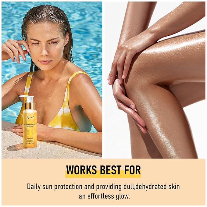 Body Shimmer Oil, Sunscreen Glow Oil, Broad Spectrum SPF 50, Sun Shield, Lightweight Shimmering Gel Texture Absorbs Quickly, Non Sticky, Glowing Results, Gold 4.06 fl oz