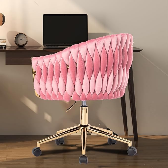 Cute Velvet Office Chair with Back and Golden Wheels, 360° Swivel Small Office Desk Chair Makeup Vanity Chair for Bedroom, Pink Rolling Chair