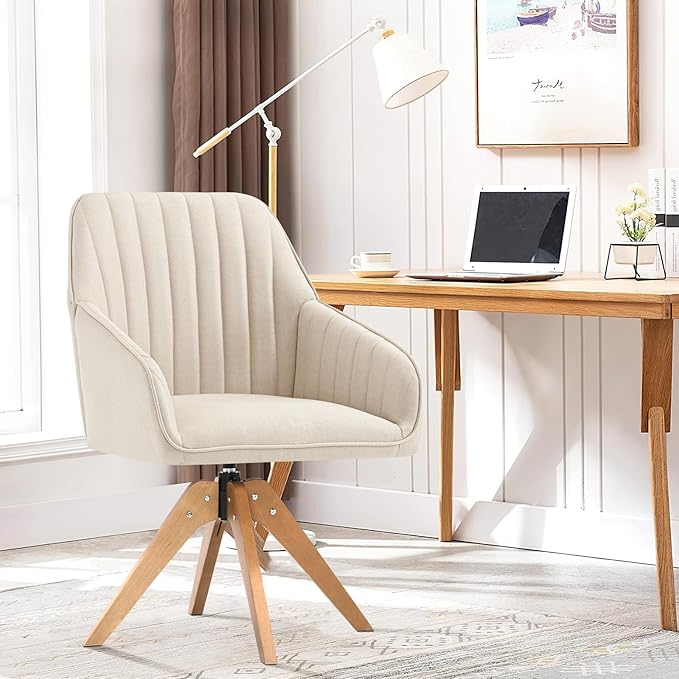 Furniliving Mid Century Modern Swivel Accent Chair for Living Room Set of 2, Wood Desk Chair with Arms Mid Back Arm Chairs Upholstered Vanity Chair No Wheels for Home Office/Bedroom, Faux Linen Beige