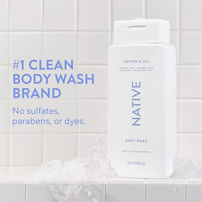 Native Body Wash Contains Naturally Derived Ingredients | For Women & Men, Sulfate, Paraben, & Dye Free Leaving Skin Soft and Hydrated | Cotton & Lily 18 oz