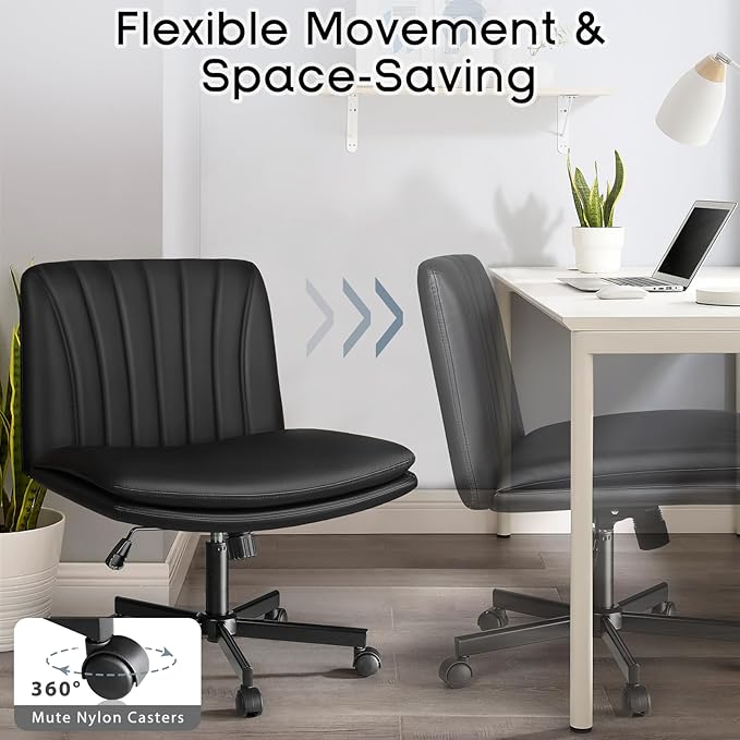 PUKAMI Criss Cross Chair,Comfy Cross Legged Office Desk Chair No Wheels,Modern Fabric Swivel Adjustable Height Mid Back Wide Seat for Home Office Computer (Pu Black with Wheels)