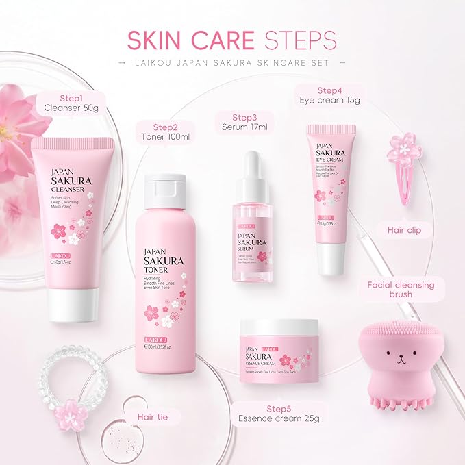 1 Pack Skin Care Set, Containing Facial Cleanser + Toner + Serum + Eye Cream+ Essence Cream+ Hair Clip + Facial Cleansing Brush + Hair Tie