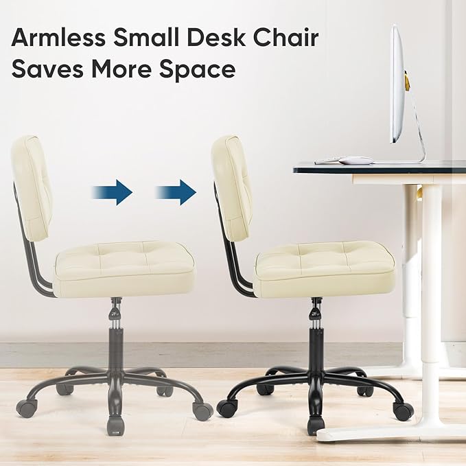 DUMOS Home Office Desk Chair - Ergonomic Armless PU Leather Computer Rolling Task Chair，with Comfy Lumbar Support and Height Adjustable, Vanity, Bedroom, Beige
