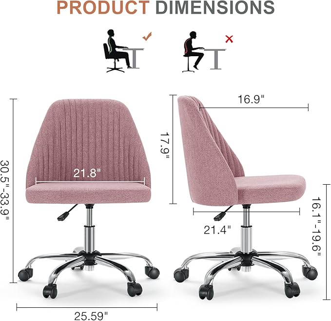 DUMOS Office Desk Chair, Modern Cute Rolling Vanity Swivel Task Seating with Wheels, Comfortable Back Seat Armless for Home, Bedrooms, Study, Student, Adults, Make-Up, Dressing Room Dusty Rose
