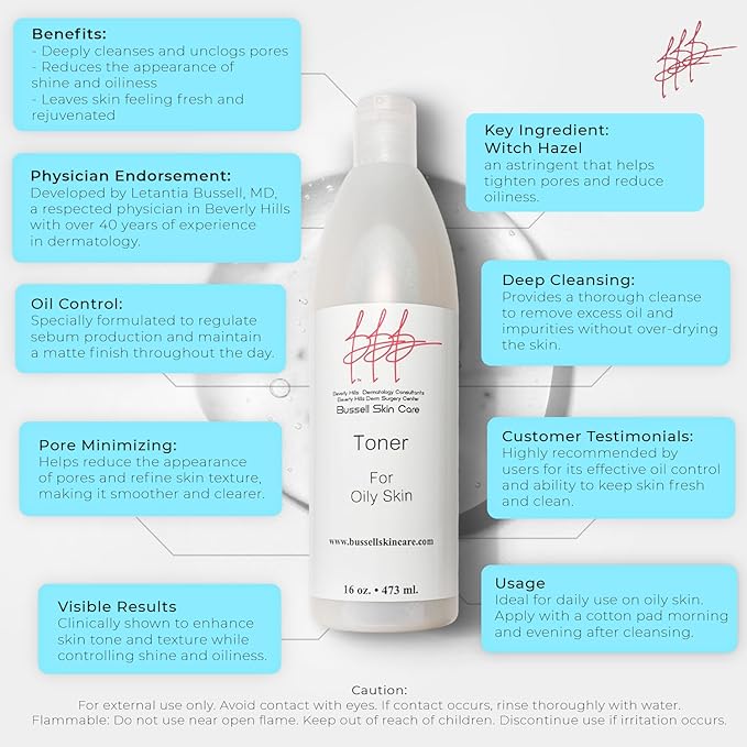 Beverly Hills Dermatology Toner for Oily Skin – Deep Cleansing Astringent, Minimizes Pores, Controls Shine, Reduces Acne for Clearer Skin, 16 oz Bottle