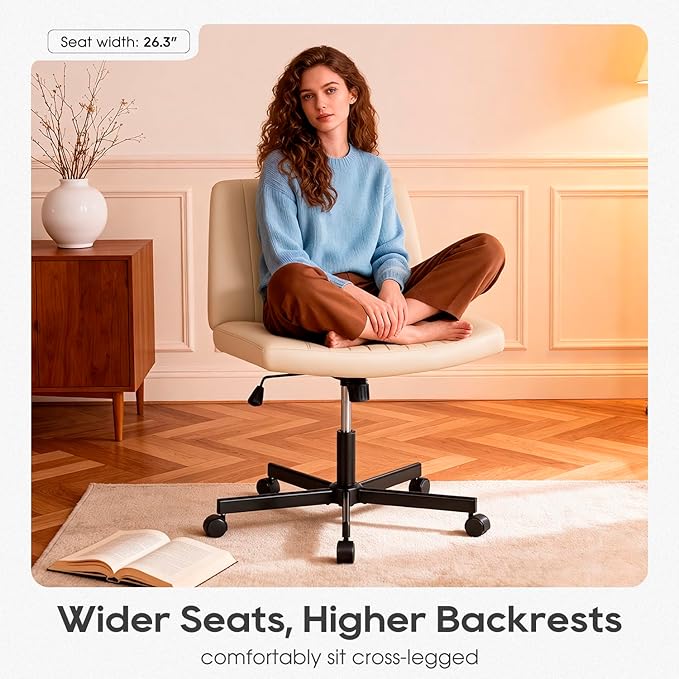 PayLessHere Criss Cross Chair Wide, Armless Office Desk Chair,Backrest Vanity Chair with Wheels 360 Swivel, Height Adjustable for Home Office, Home Office Beige