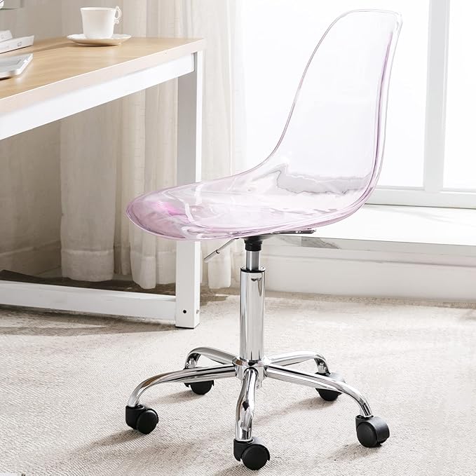 HOMEFUN Clear Desk Chair, Acrylic Rolling Armless Vanity Swivel Height Adjustable Ghost Molded Plastic Home Office Chairs with Wheels, Pink