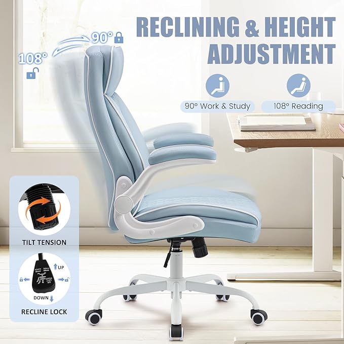 Executive Office Chair with High Back, Computer Desk Chair with Lumbar Support,Comfortable Leather Home Office Chairs 400lbs with Padded Flip-up Armrests, Adjustable Height,Tilting, LightBlue